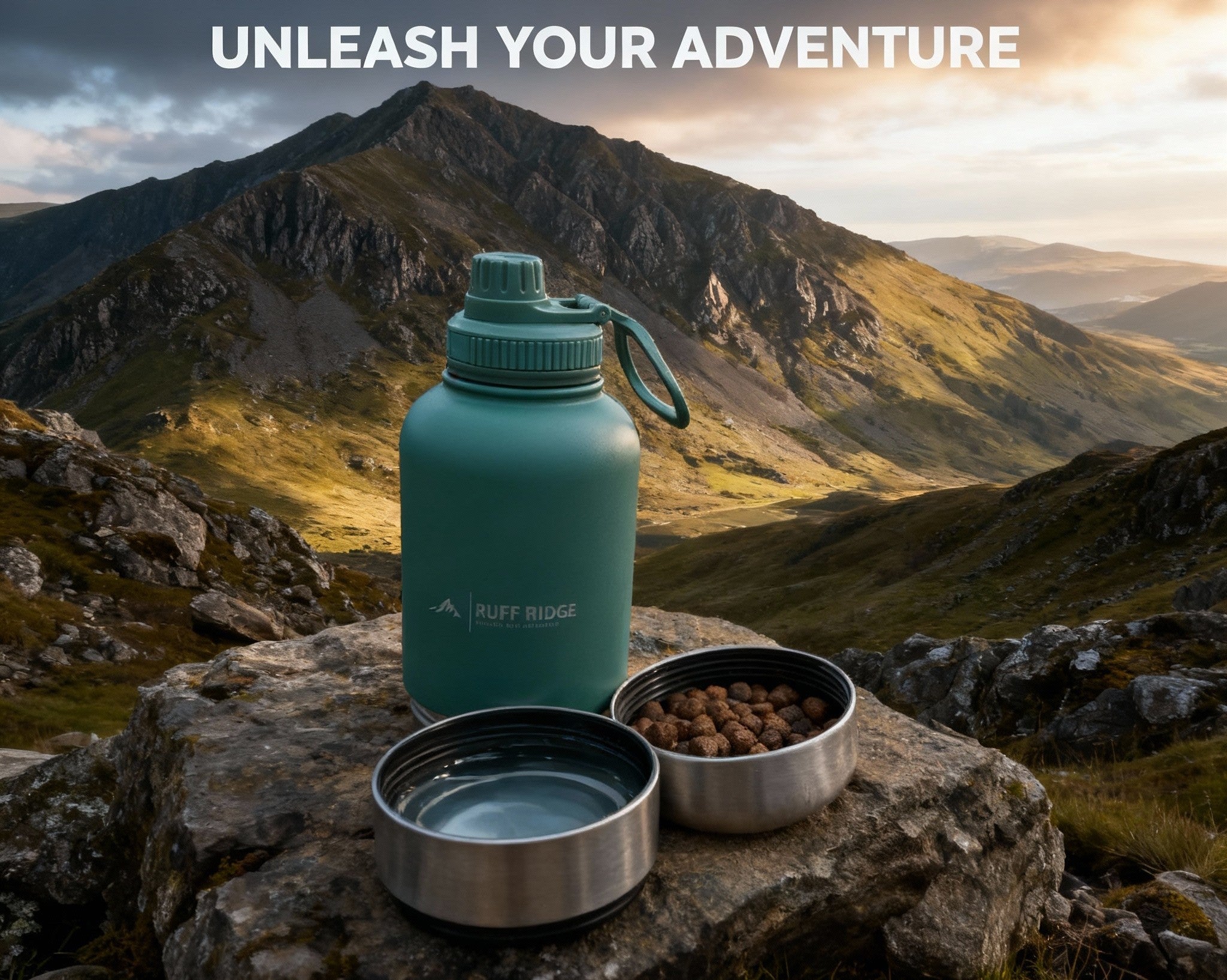 Ruff N Go 3-in-1 adventure dog water bottle with integrated food and water bowls, photographed on a mountainside, ideal for hiking, walking and outdoor dog adventures.